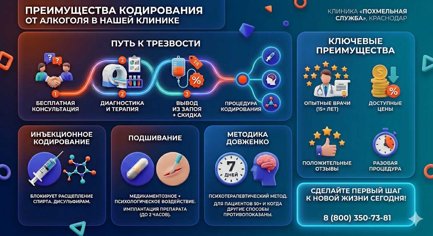 Инфографика о методах кодирования от алкоголя в Пущино: инъекции, подшивание, метод Довженко. Преимущества клиники и этапы лечения.