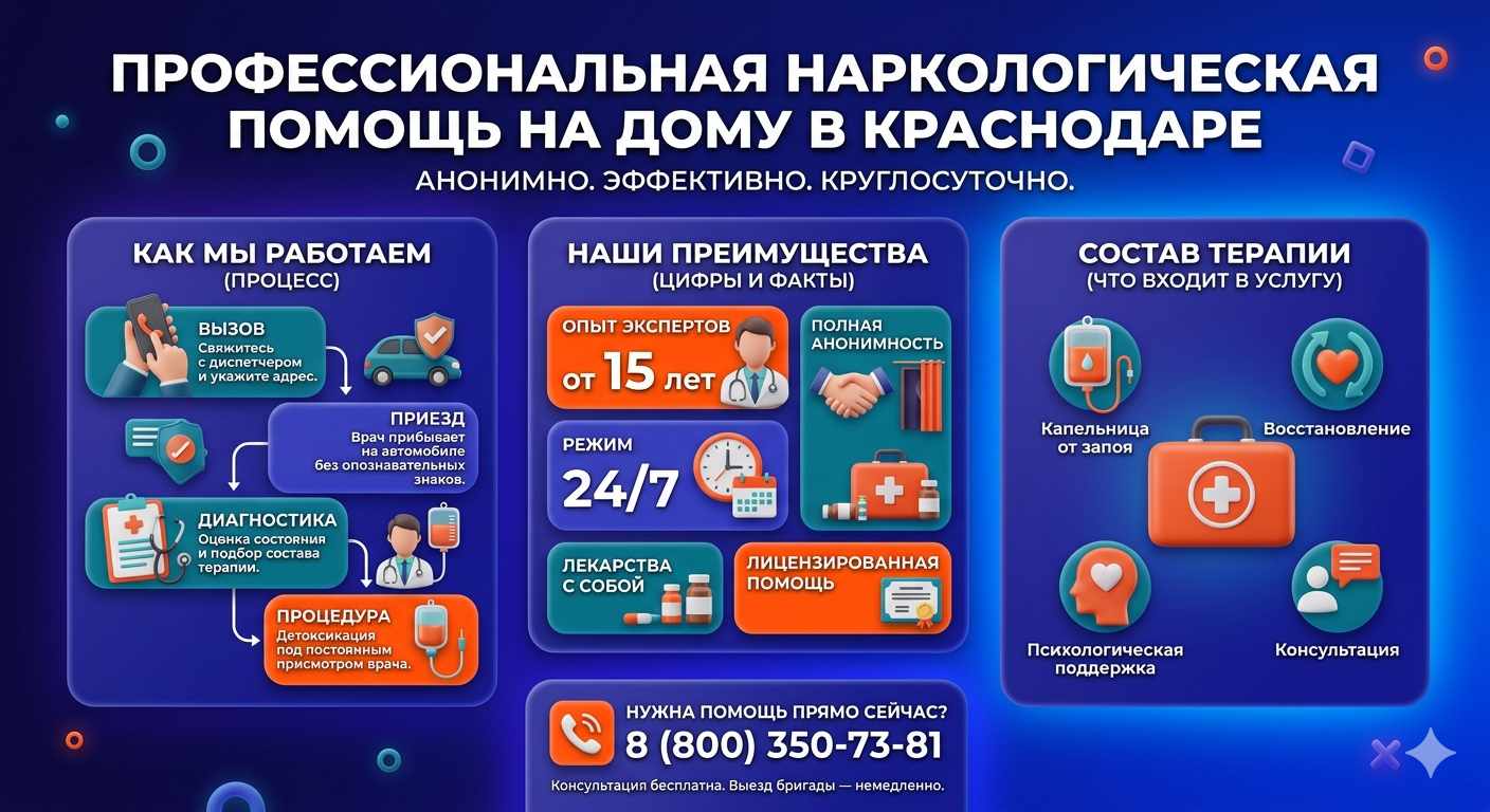 Инфографика о принципах лечения алкоголизма на дому в Пущино: этапы вызова нарколога, преимущества анонимной детоксикации и состав медицинской помощи.